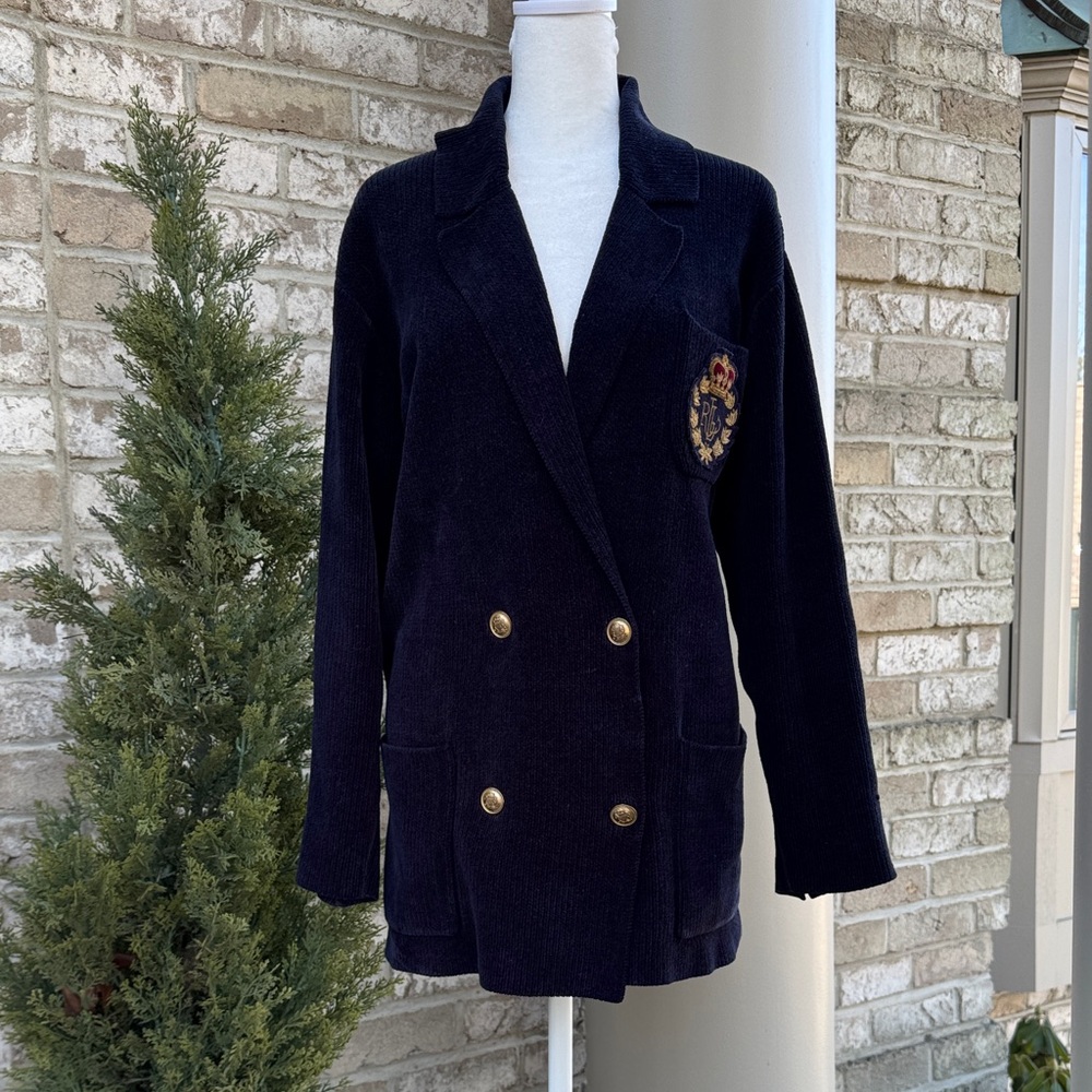 Vintage Ralph Lauren Double-Breasted Navy Sweater Blazer with Crest